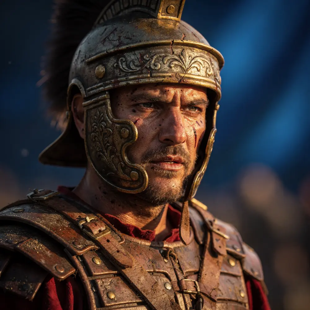 A weathered Roman centurion in dusty armor