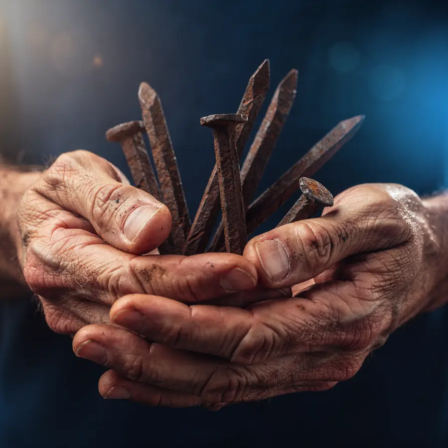 Weathered hands holding ancient iron nails